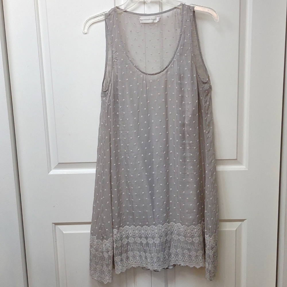 Johnny Was Gray Silk Sheer Swiss Dot Sleeveless Crochet Hem Dress With Silk Slip - Picture 2 of 11